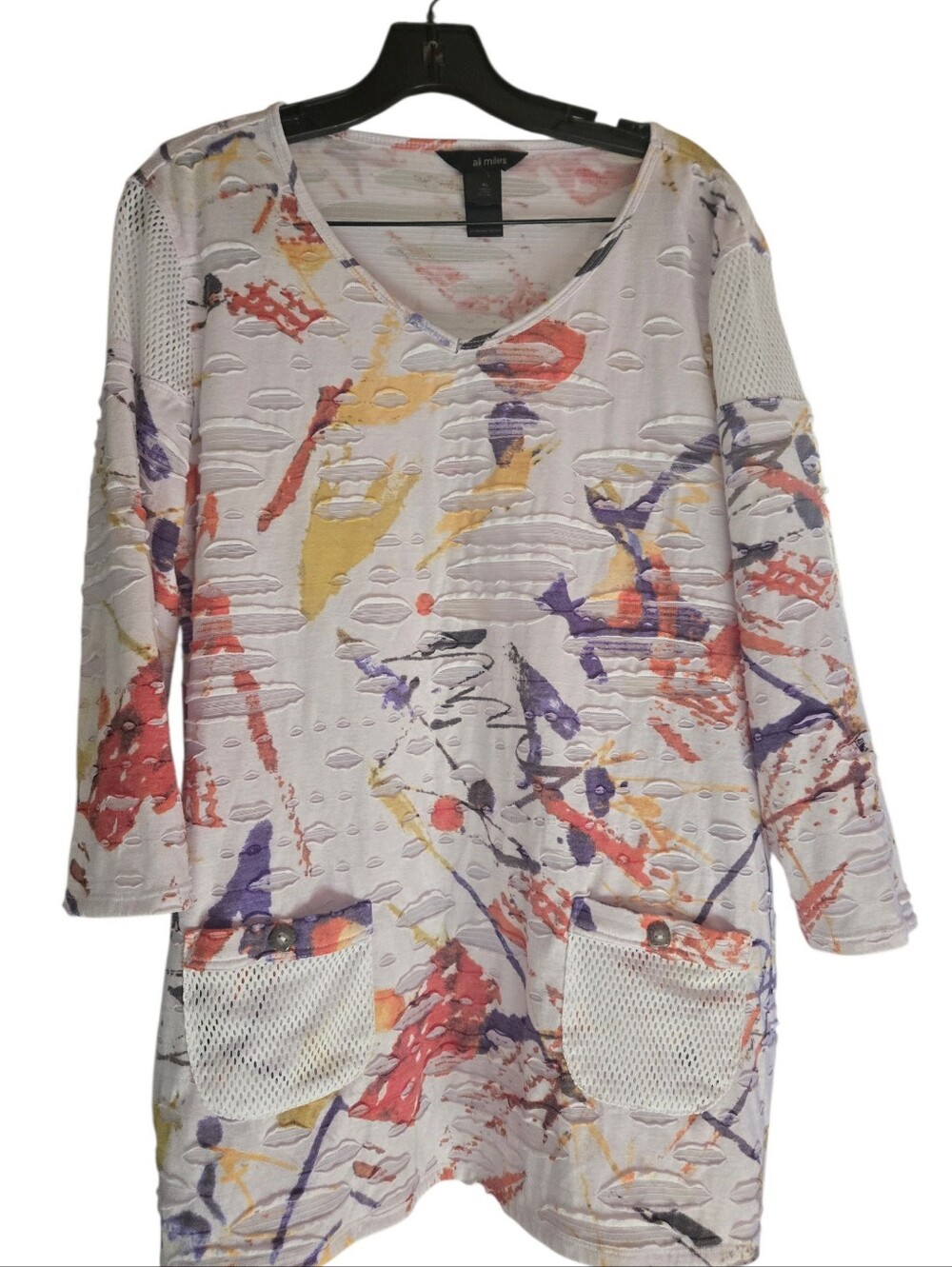 Ali Miles, White Multicolor Abstract V-Neck Tunic with Mesh Pockets